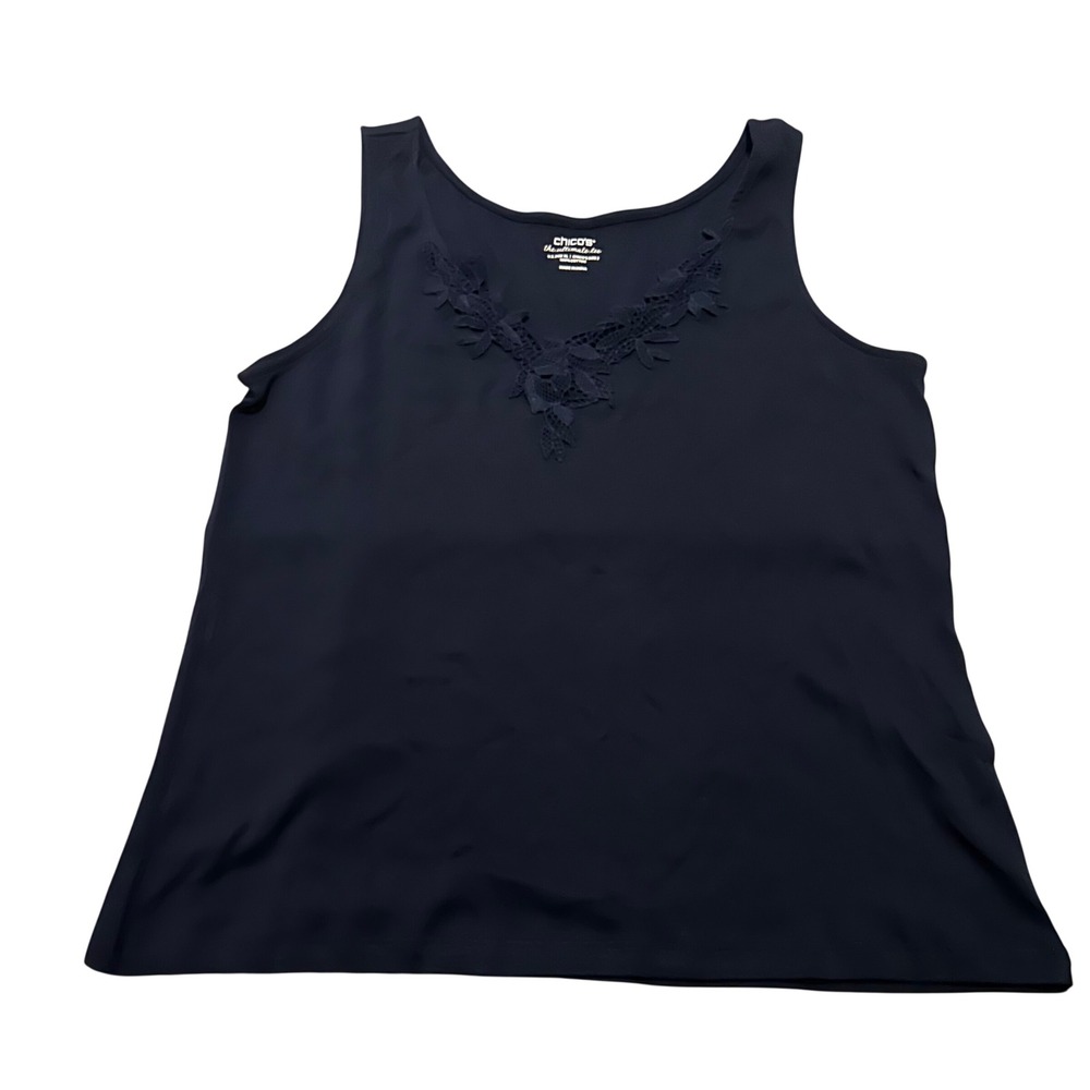 Chicos Navy Tank Lace Detail‎ 3 (XL) 100% Cotton Layering Capsule Old Money